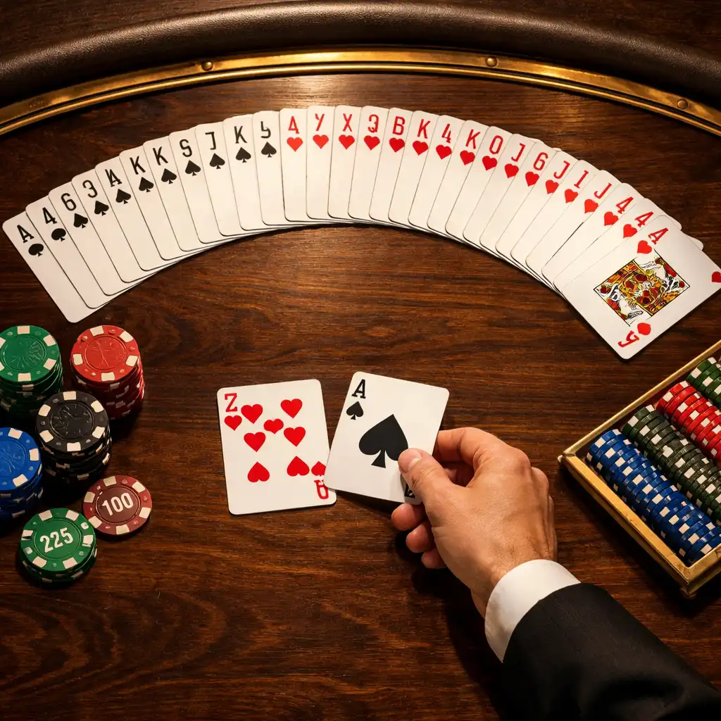 Overhead view of a blackjack table with fanned cards and stacked chips