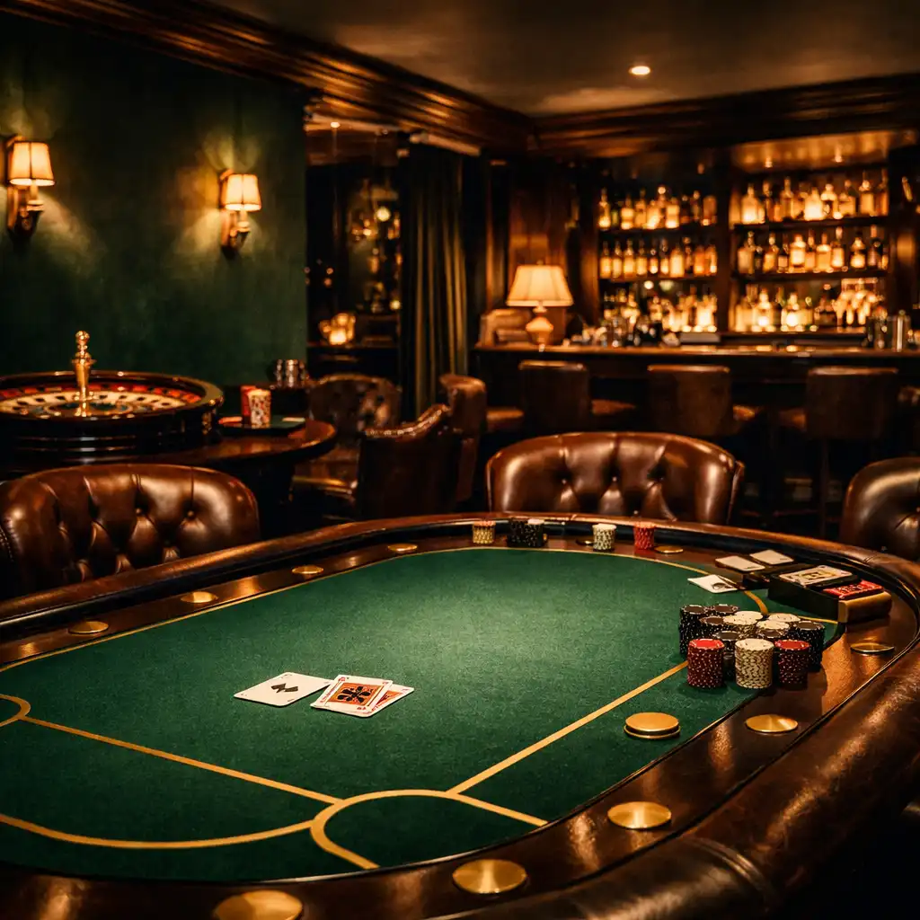 Casino lounge with a custom poker table, leather club chairs, and a roulette wheel under low brass lighting