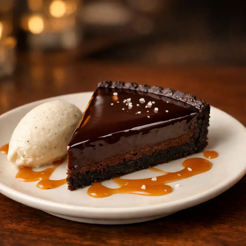 Dark chocolate and wattleseed tart with vanilla bean ice cream