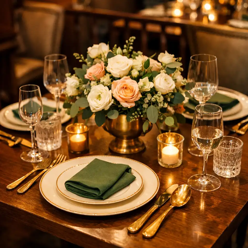 A beautifully set dining table with fine china, crystal glasses, and fresh flowers in a warm, intimate restaurant setting