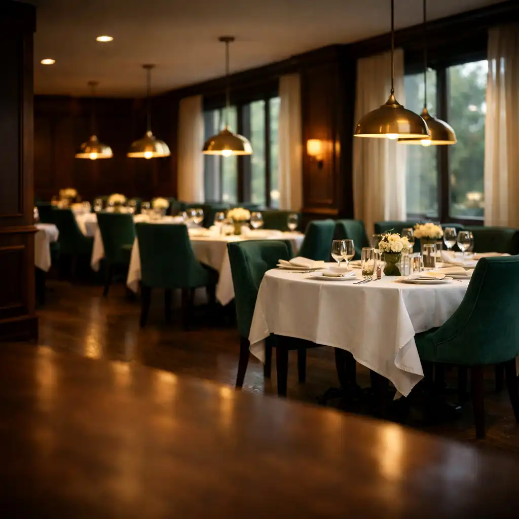 Wide shot of the dining room with green chairs and warm pendant lights