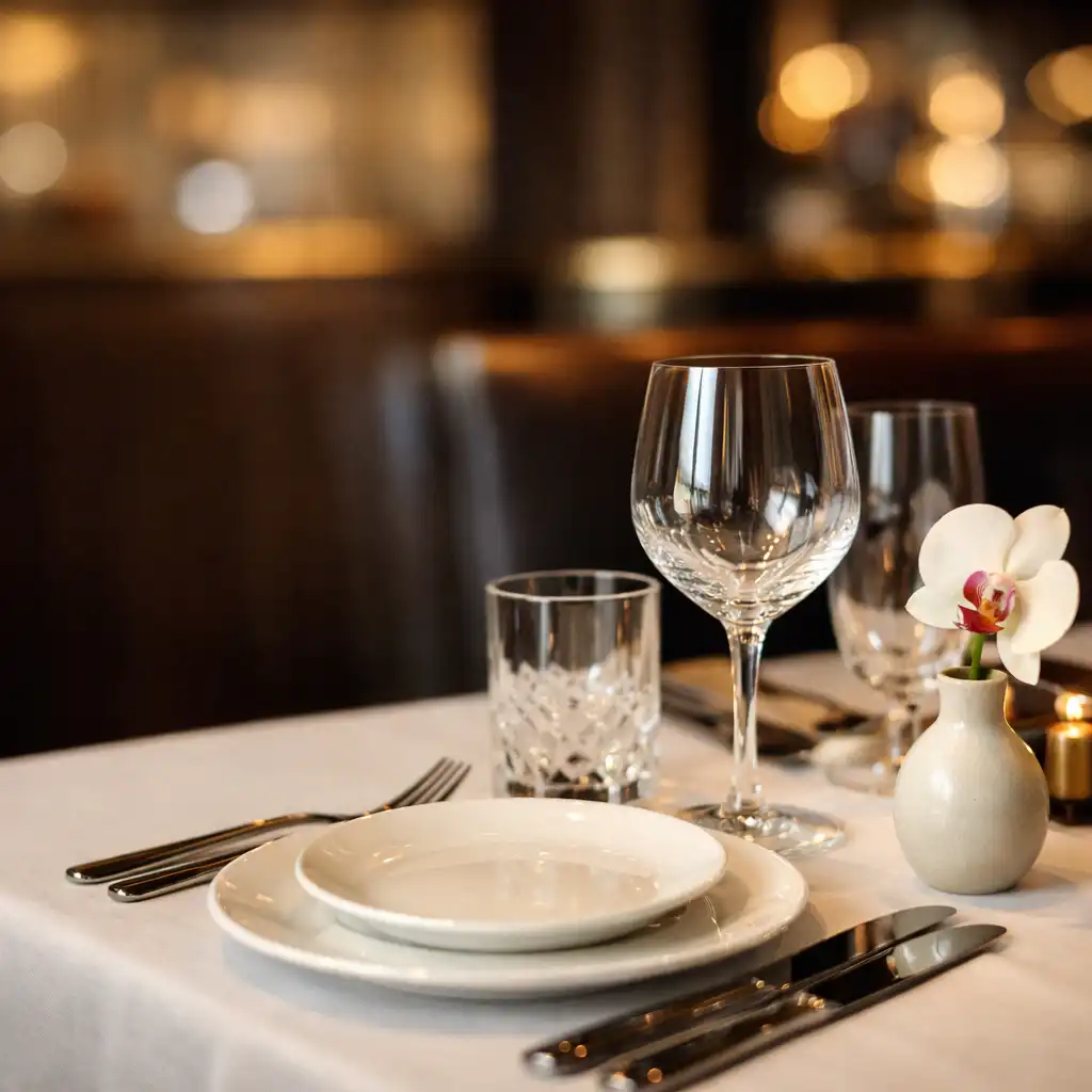Exquisitely set dining table with fine china and crystal glassware