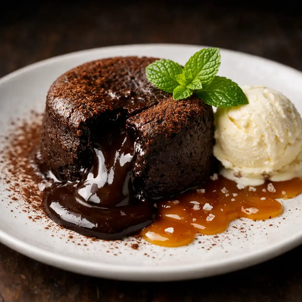 Dark chocolate fondant with molten center, vanilla ice cream, and salted caramel