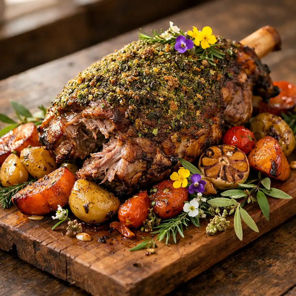 Slow-cooked lamb shoulder with herb crust, roasted vegetables, and native Australian herbs