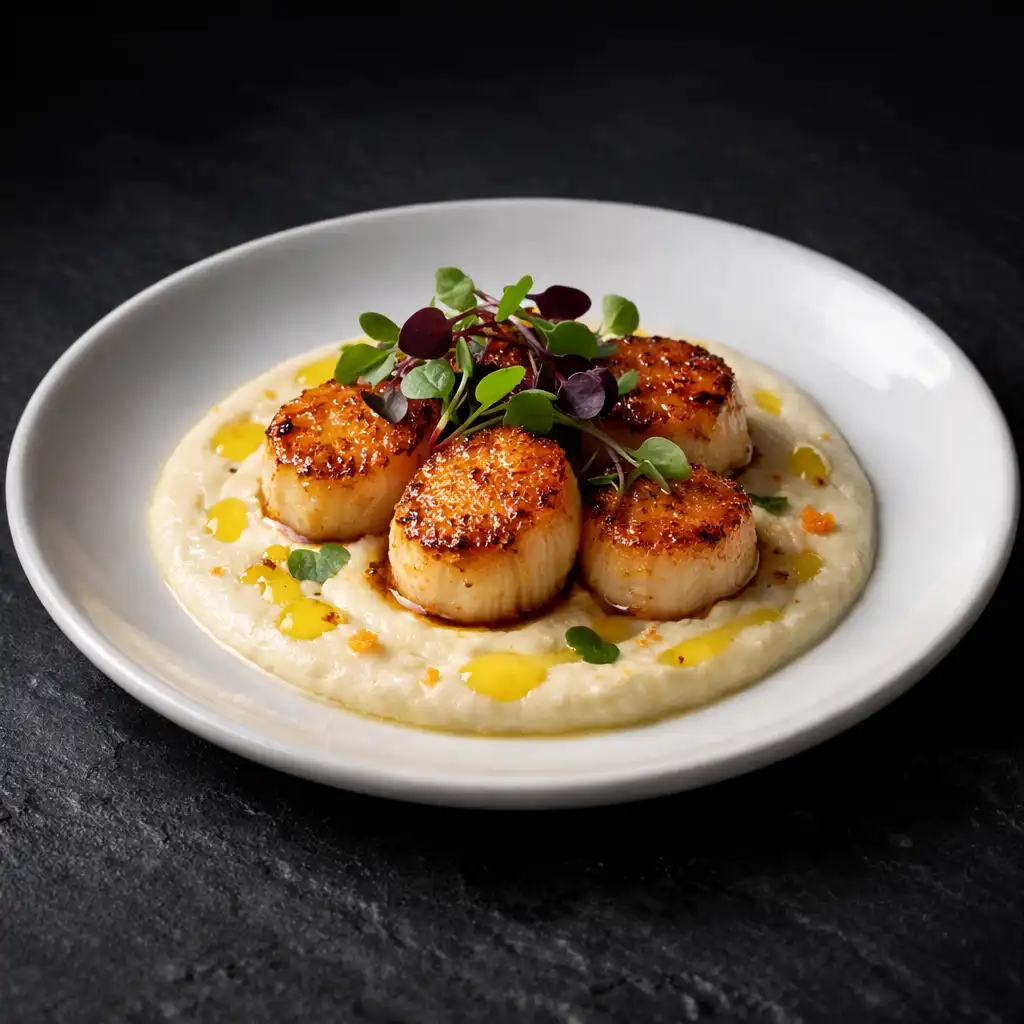 Seared scallops on cauliflower velouté with microgreens and citrus oil