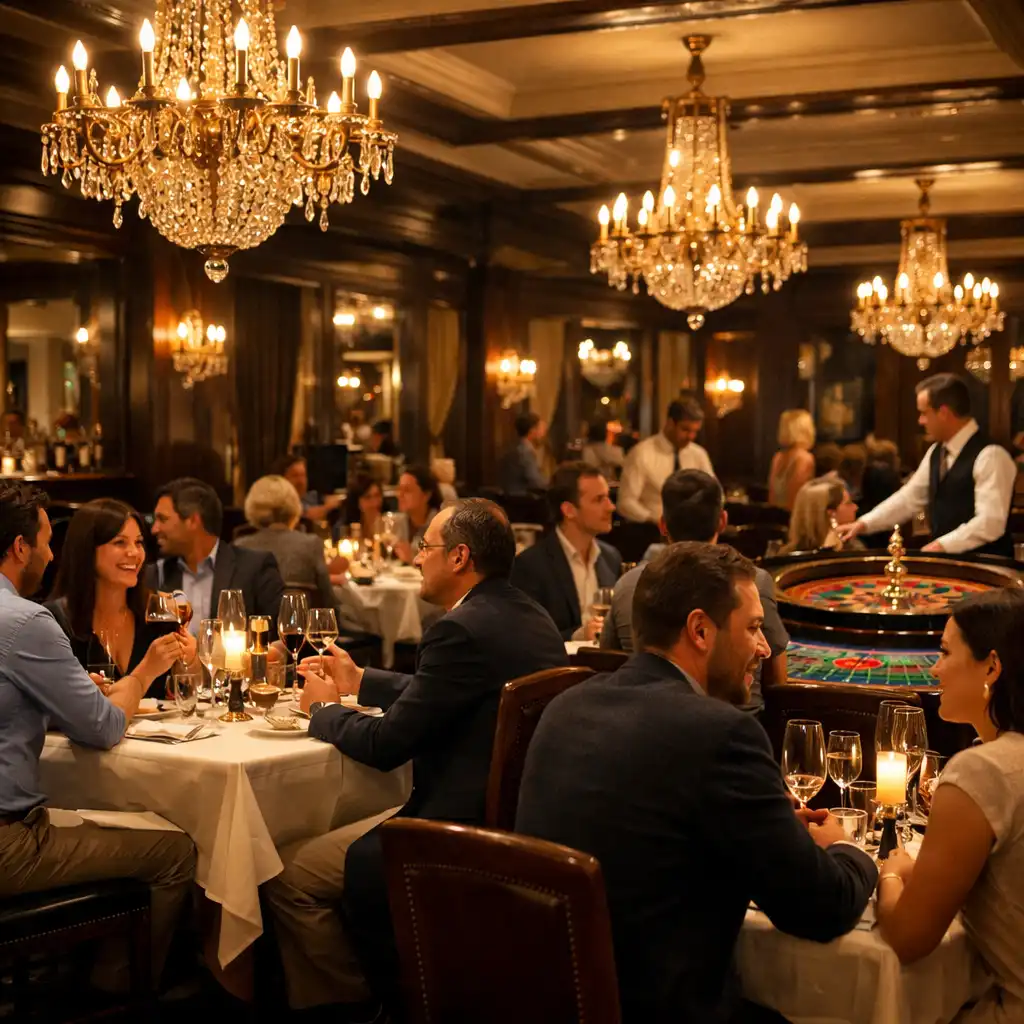 Guests enjoying a themed evening in the dining room with a roulette table in the background