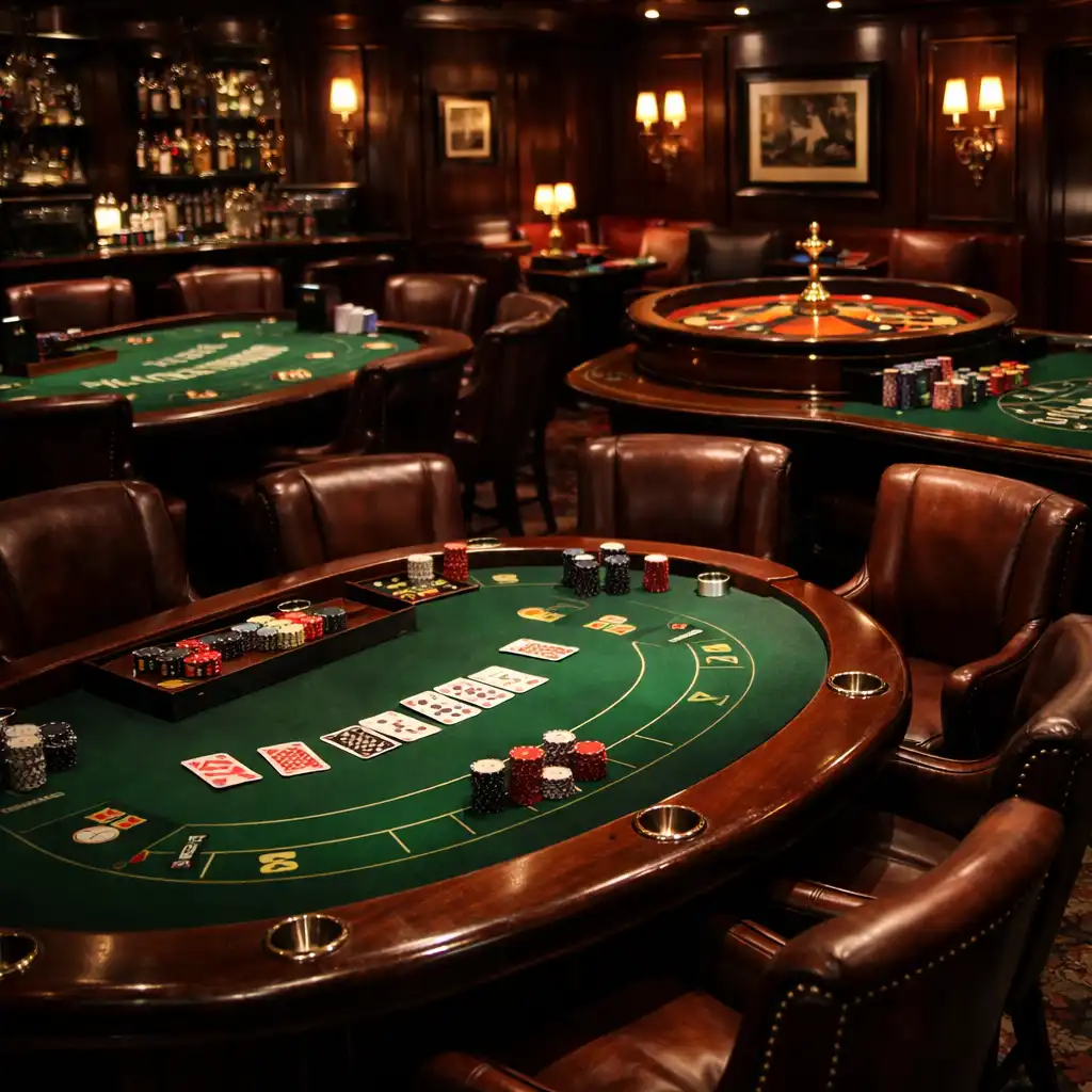 Casino lounge with professional poker and blackjack tables and a roulette wheel