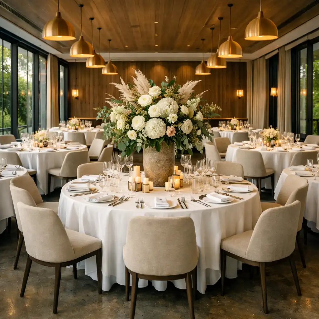 Main dining room set for a private event with round tables and warm pendant lights