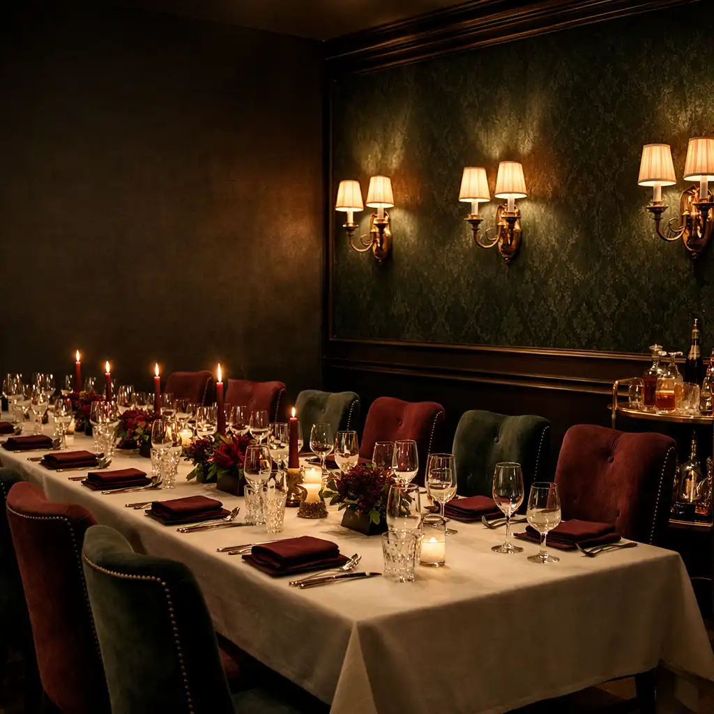 Intimate private salon with a long table, dark green wallpaper, and brass sconces