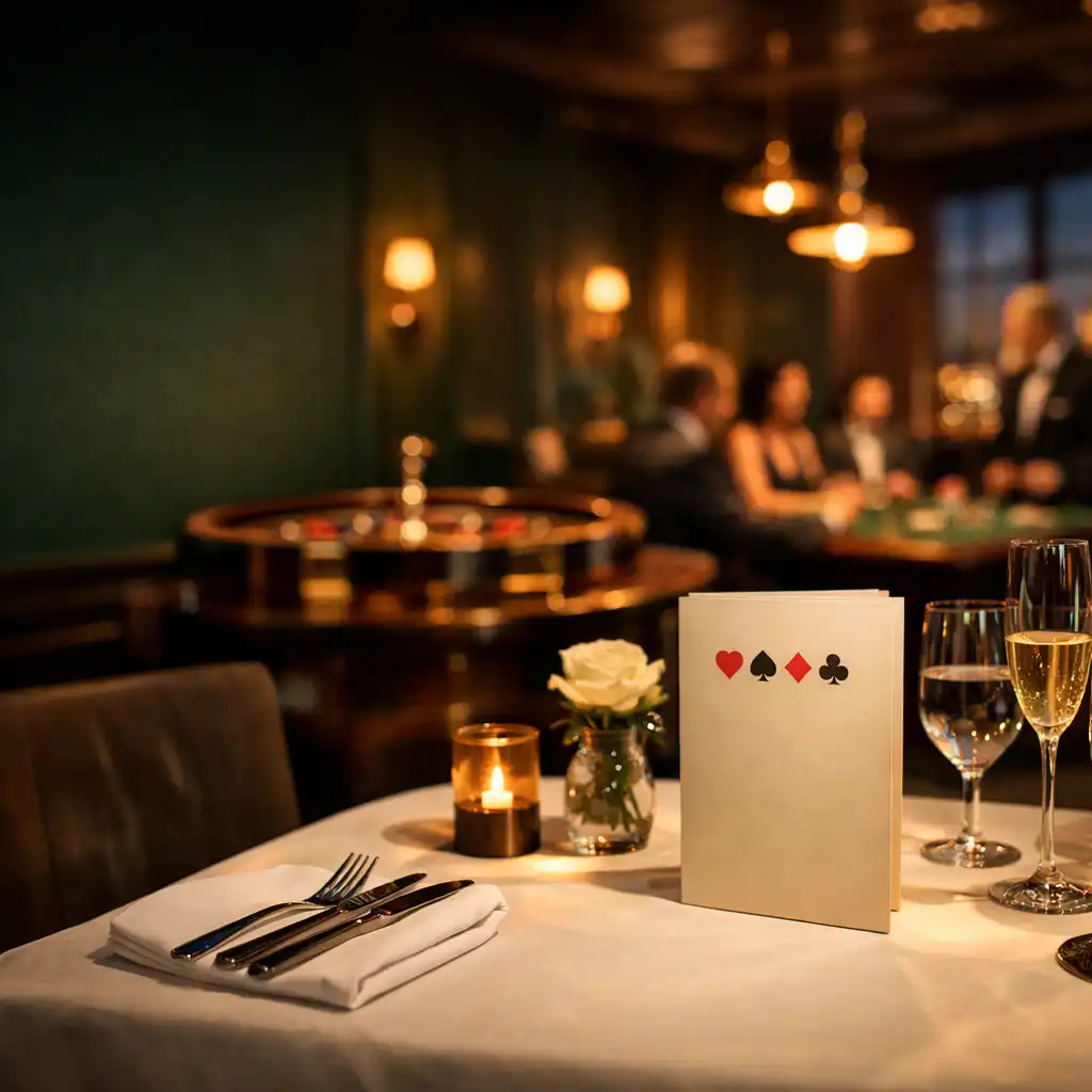 Elegant dining table with subtle casino elements in a warmly lit restaurant lounge