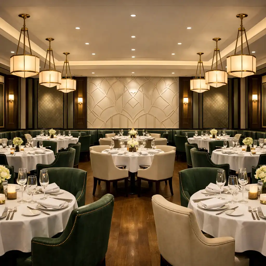 Wide-angle view of the main dining room with elegant table settings, upholstered chairs, and warm pendant lighting