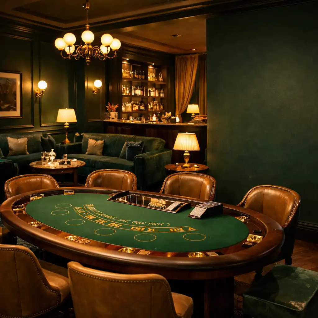 Luxurious restaurant lounge with deep green walls, brass lighting, and a custom blackjack table