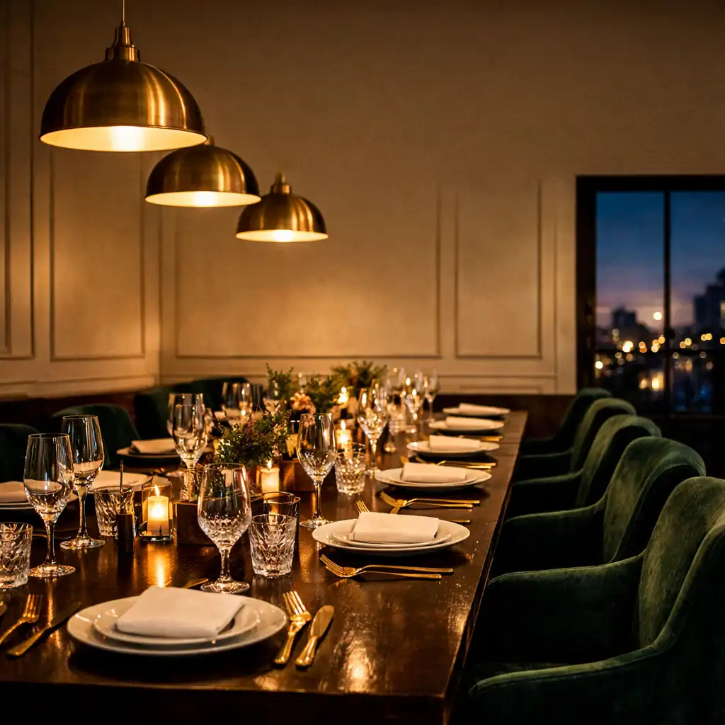 Main dining room at Mealtime House with dark wood tables, green velvet chairs, and warm brass lighting