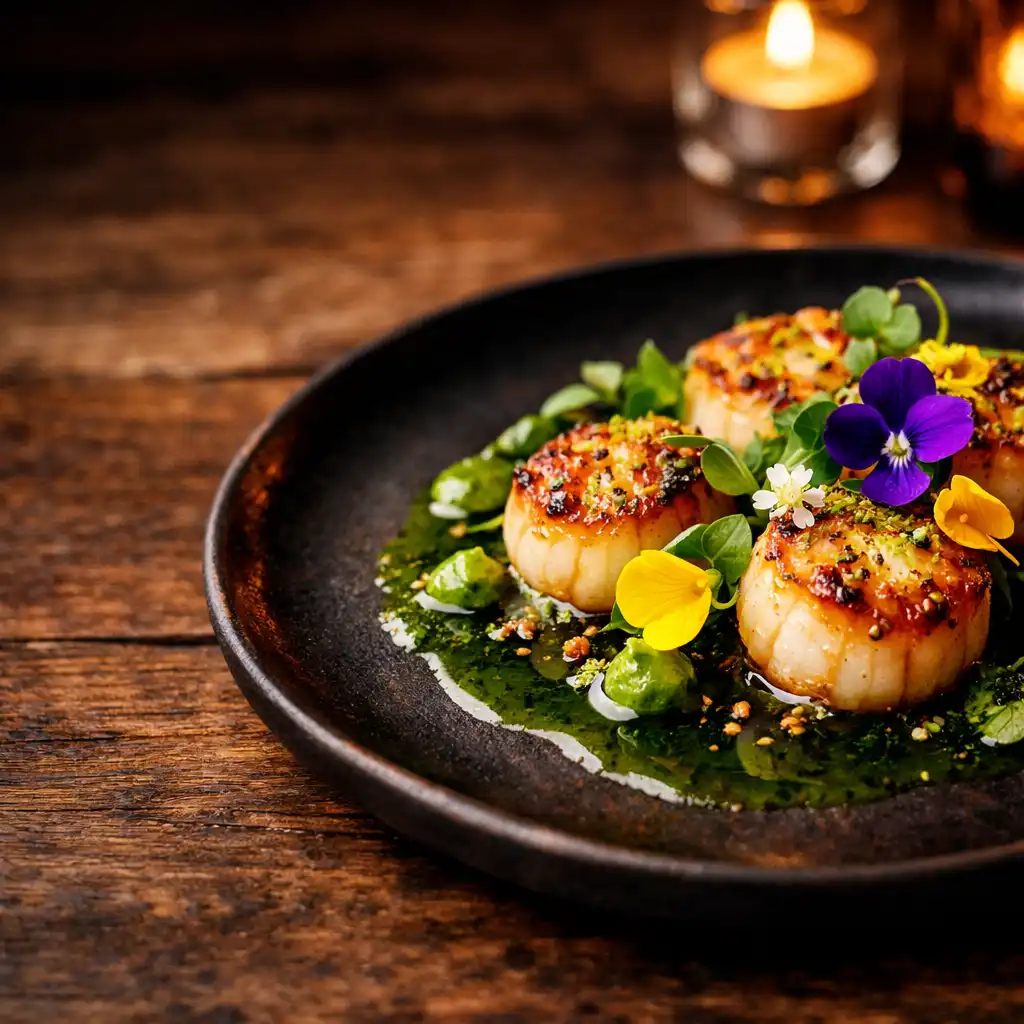 A beautifully plated modern Australian dish with seared scallops, herb oil, and edible flowers