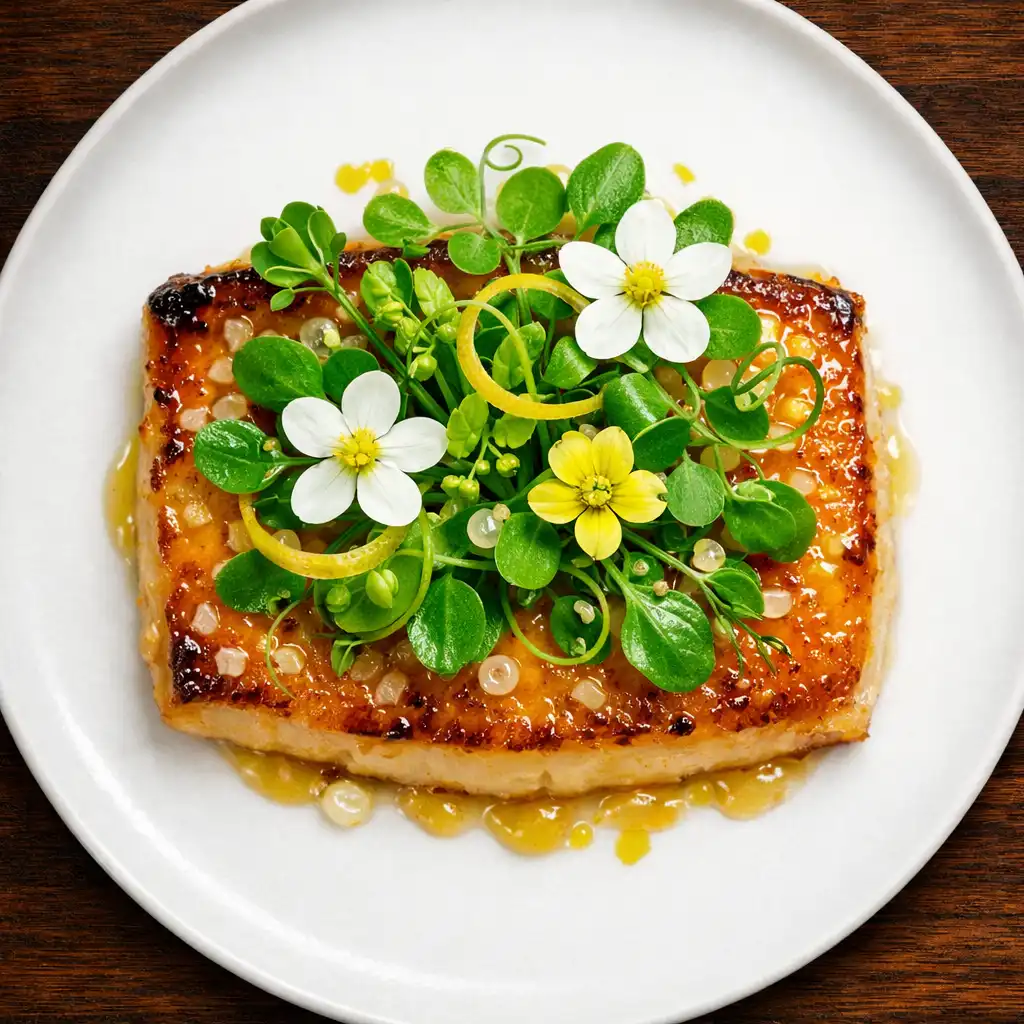 Macro detail of a plated dish with micro herbs and edible flowers