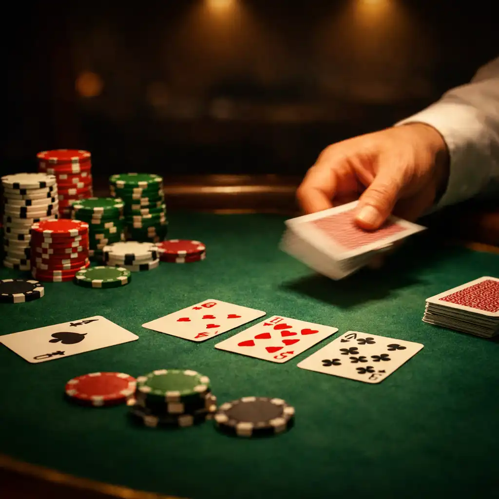 Close-up of a poker table with cards and chips under dramatic lighting