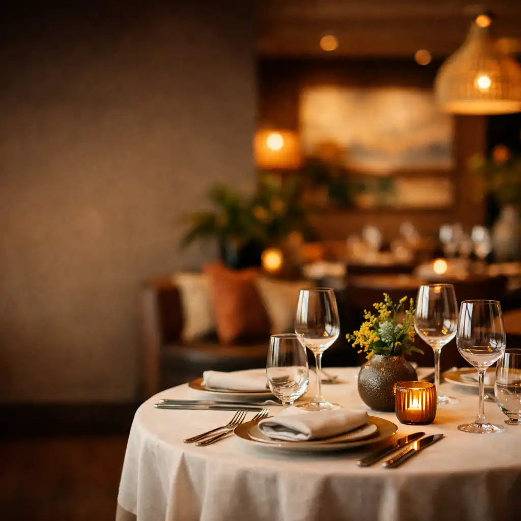 Elegant dining room at Mealtime House with warm lighting and beautifully set tables