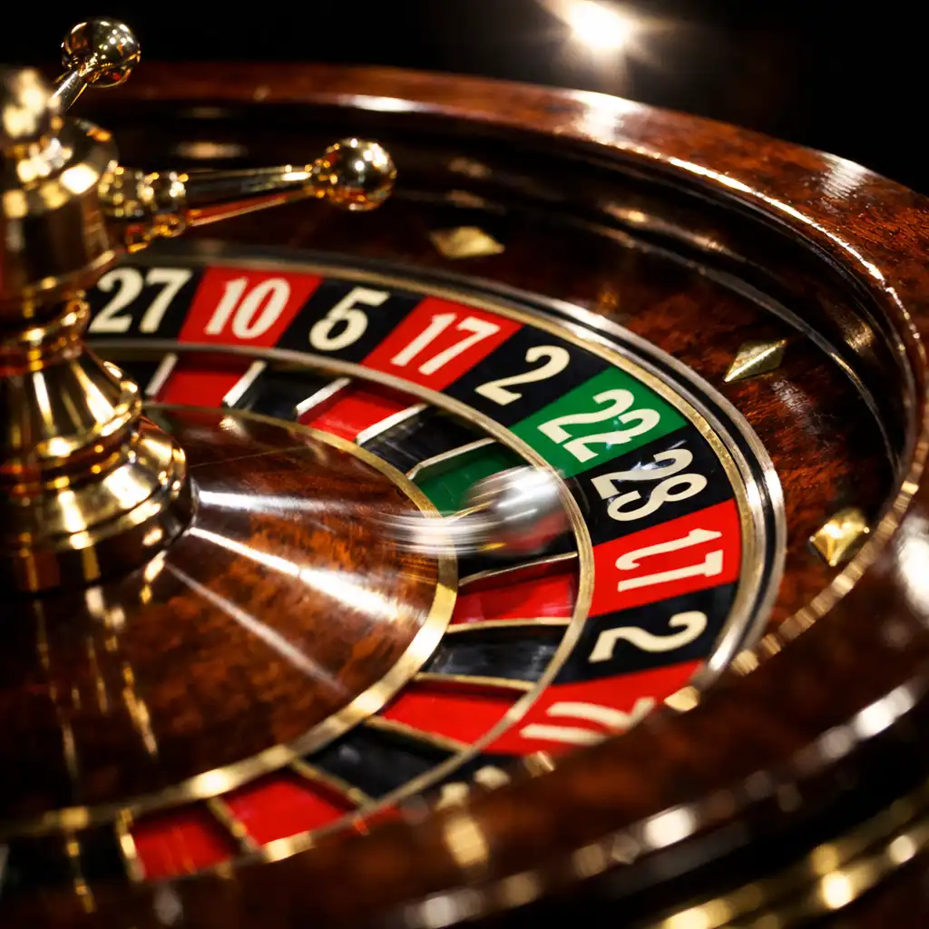 Macro shot of a roulette wheel in motion with a silver ball and brass accents