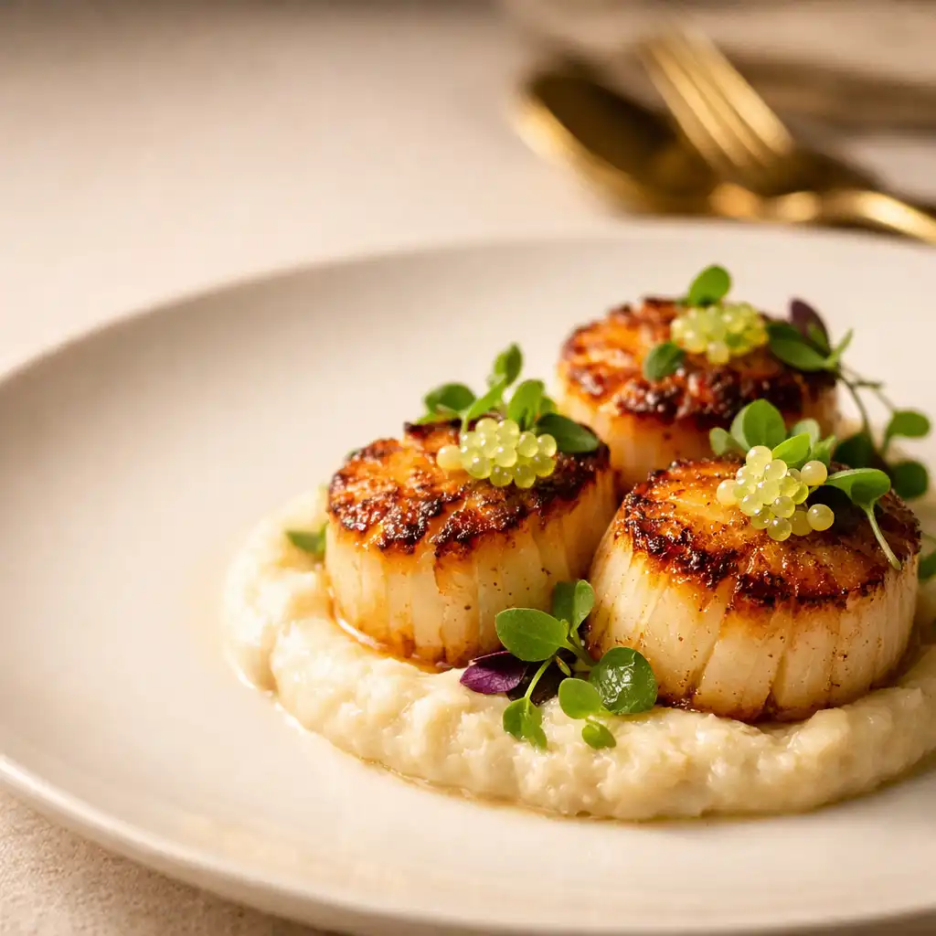 Seared scallops on cauliflower purée with micro herbs and finger lime pearls