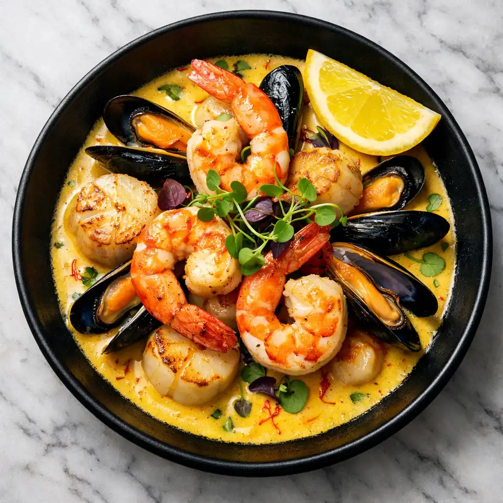 Ace of Spades: seafood medley with saffron cream sauce, prawns, scallops, and mussels