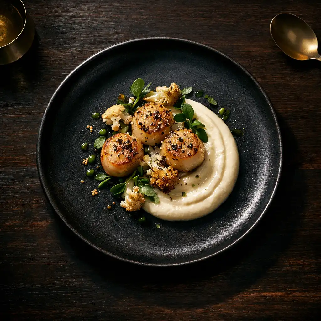 Seared scallops with native pepper, cauliflower purée, and finger lime pearls on a dark ceramic plate