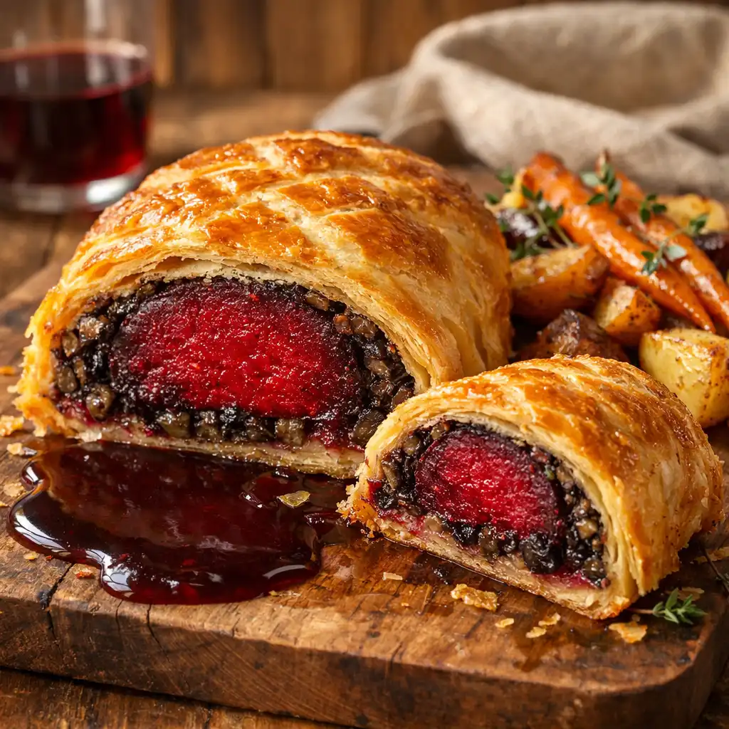 Queen of Hearts: vegetarian beetroot wellington with mushroom duxelles and red wine reduction