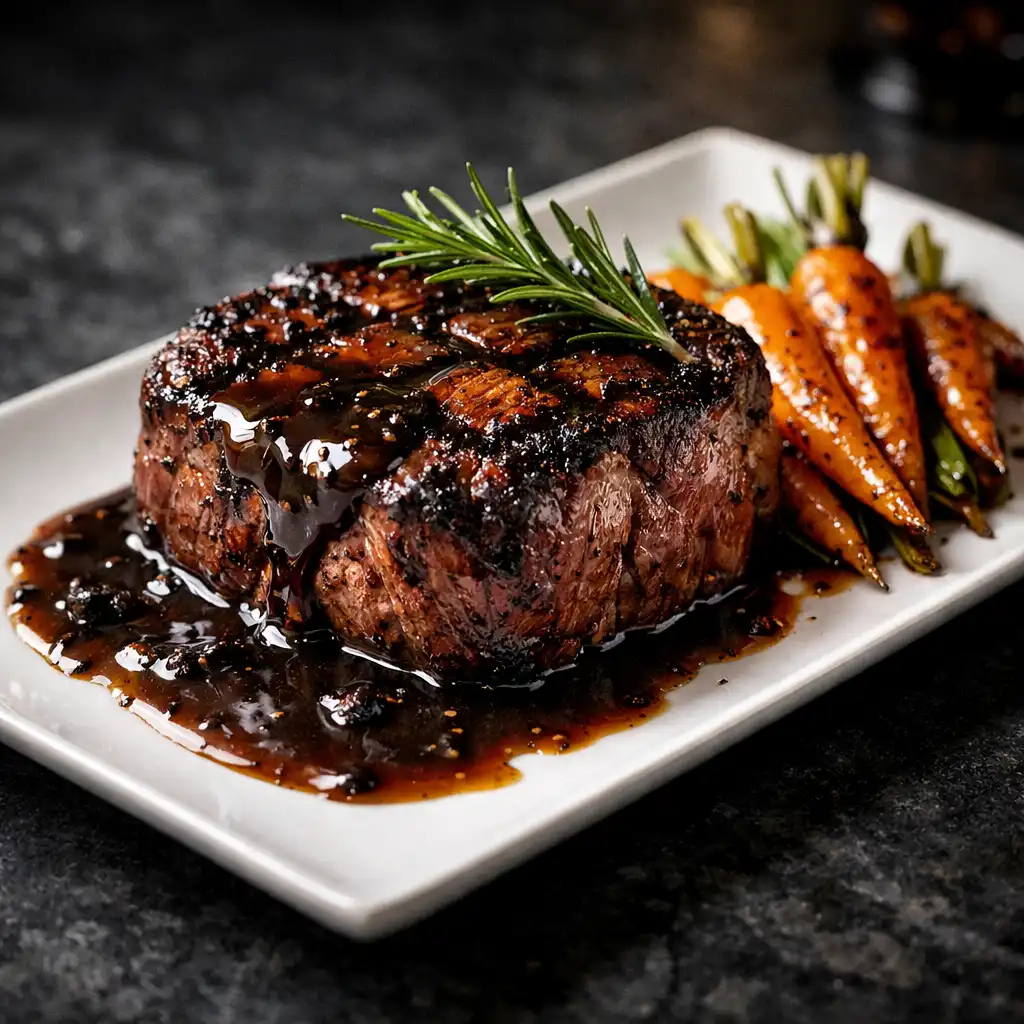 The Royal Flush: premium grilled steak with truffle jus, roasted baby carrots, and rosemary