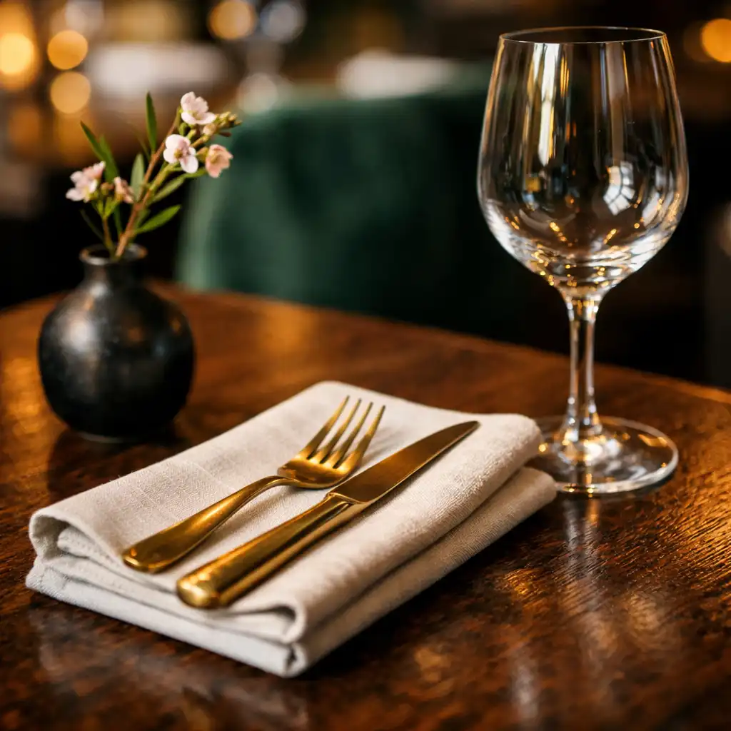 Close-up of a table setting with brass cutlery, folded linen napkin, and a wine glass on dark wood