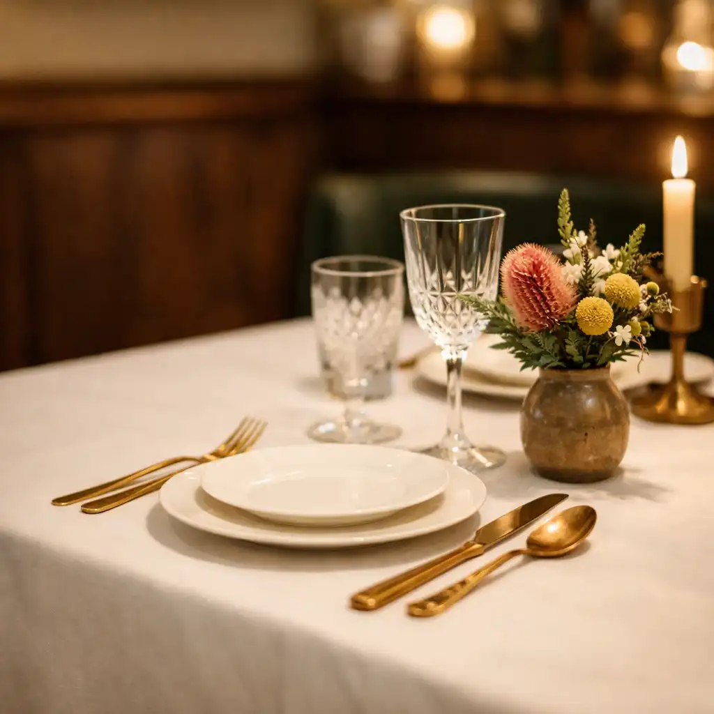 Elegant table setting with brass cutlery and crystal glassware