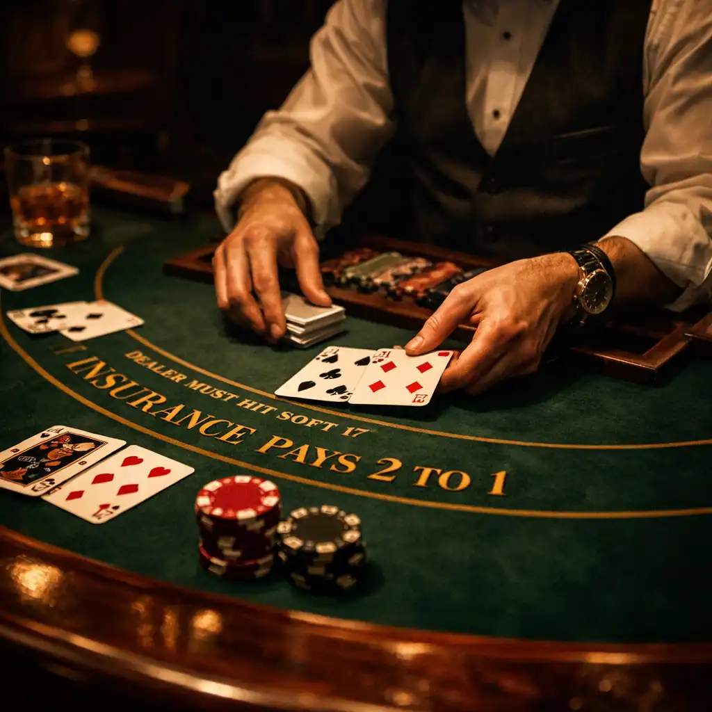 Blackjack table with cards being dealt in a high-end casino setting