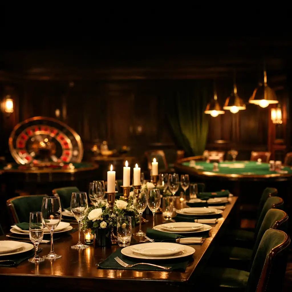 Elegant casino-themed dining room with a poker table and roulette wheel under warm lighting