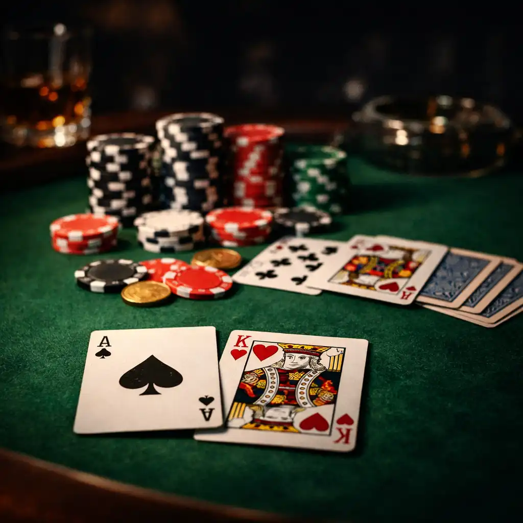 Poker table with cards and chips under moody lighting