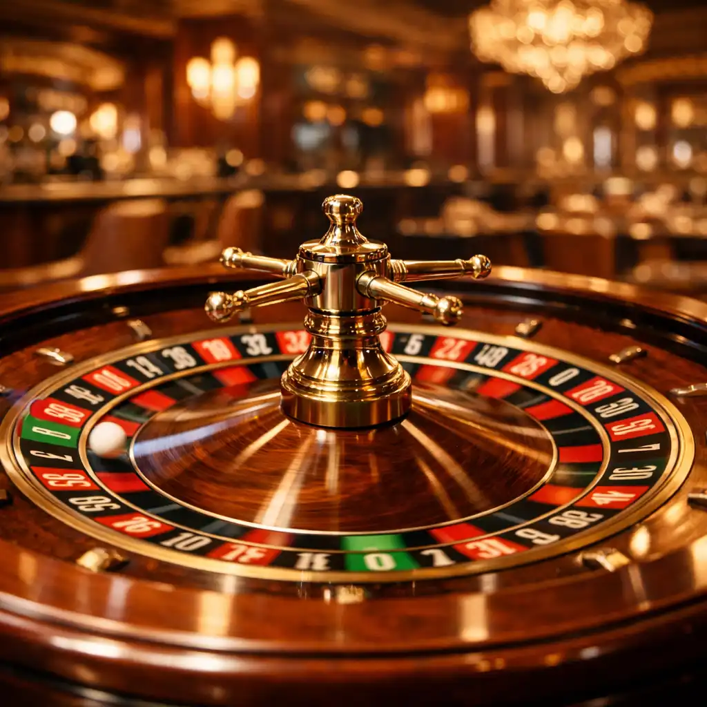 Roulette wheel in an elegant casino lounge with warm brass tones