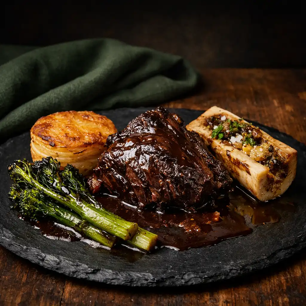 Slow-braised wagyu beef cheek with smoked bone marrow and red wine jus